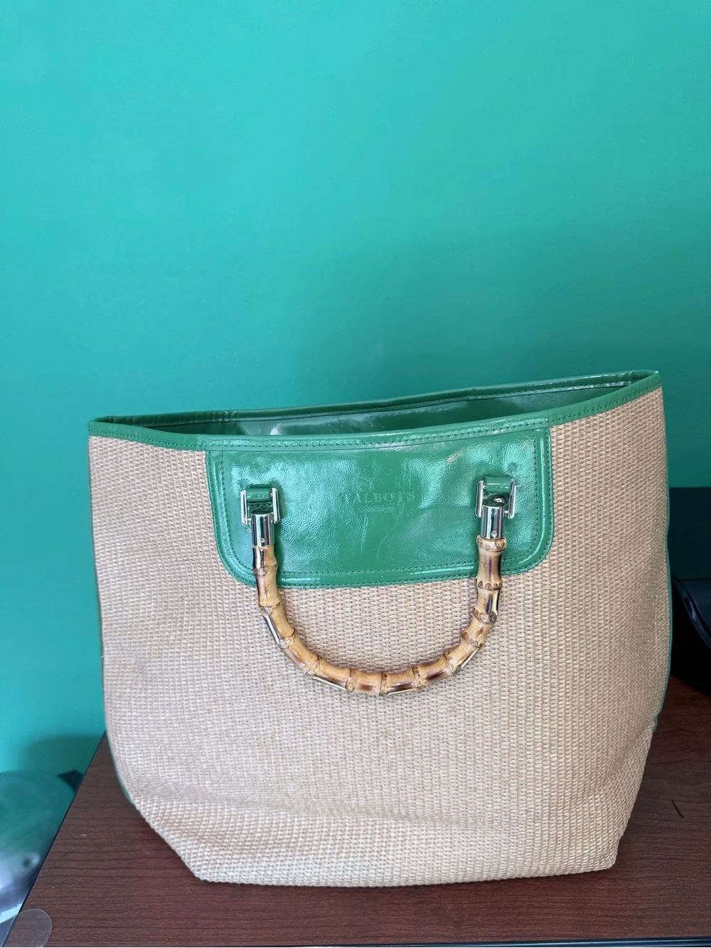Talbots Woven Straw Tote Bamboo Handles Green Trim Coastal Resort Beach Bag